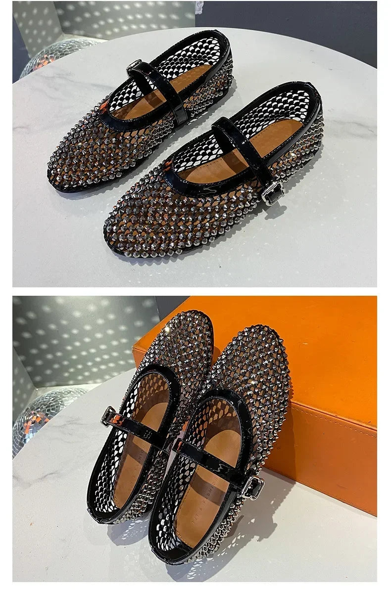 Luxury Crystal Rhinestone Fishnet Ballet Flats Woman Brand Design Rivet Mesh Mary Jane Shoes Ladies Summer Loafers Plus Size 42