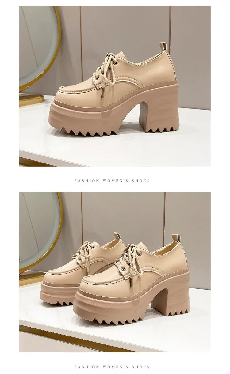 Gothic Chunky High Heels Loafers for Woman New Leather Platform Loafers Female Solid Color Thick Heeled Lolita Shoes 2024