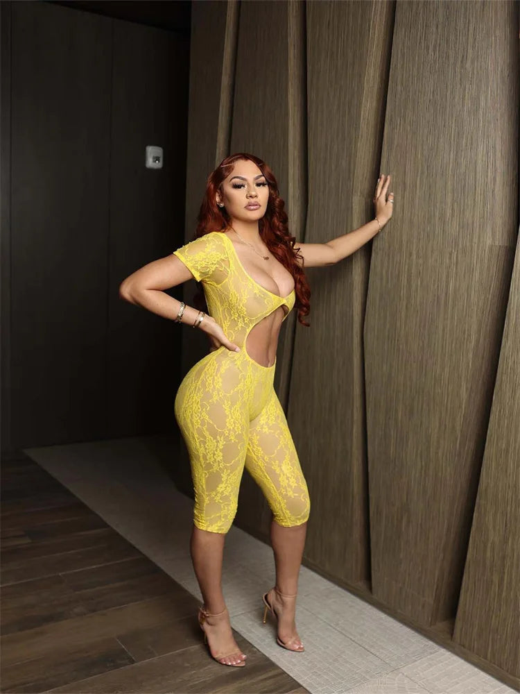 Großhandel Kleidung Lässiger Jumpsuit Damen 2024 Einteiler Strampler Damen Sommer Schwarz Bodycon Spitze Durchsichtiger Strampler Playsuits