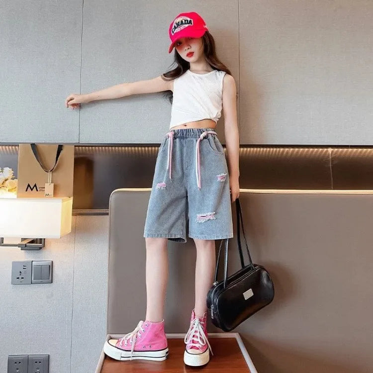 Kids' Lightweight Denim Shorts 2026 Summer Trendy Casual Outdoor Shorts for Girls Breathable Stretchy Streetwear Jeans