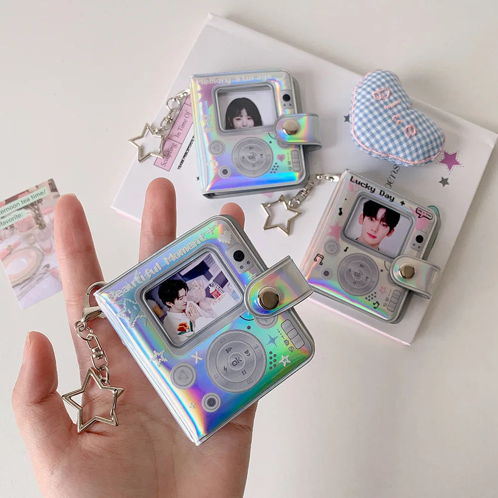 32 Pockets 16 Pages Laser Color Photo Album for 1.4x2.1 Inch Mini Photo Name Card K-pop Star Photocard Album with Keychain