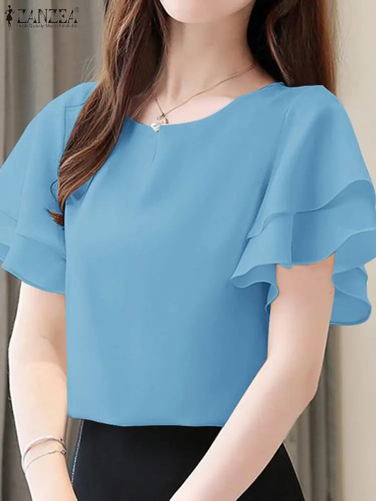 Elegant Women Short Sleeve Office Shirt ZANZEA Summer Blouse Fashion Solid OL Work Tops O Neck Blusas Tunic Ruffles Chemise