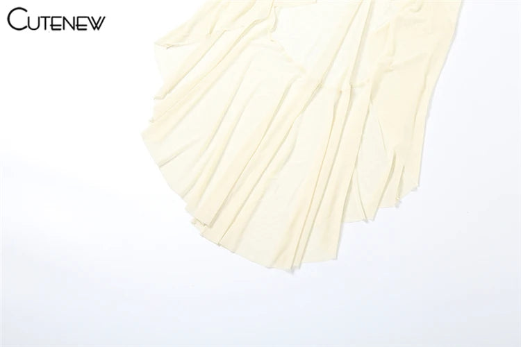 Cutenew Mesh Concise Dress Women Classic Holiday Style Long Sleeve Cut out Shirring Asymmetrical Robe Female Elegant Attirewear