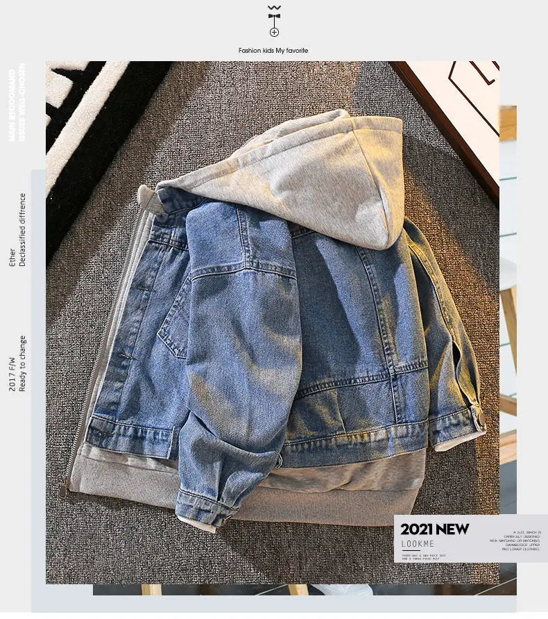 Teenage Boys Denim Jacket Spring and Autumn New Children's hooded casual Korean version jacket
