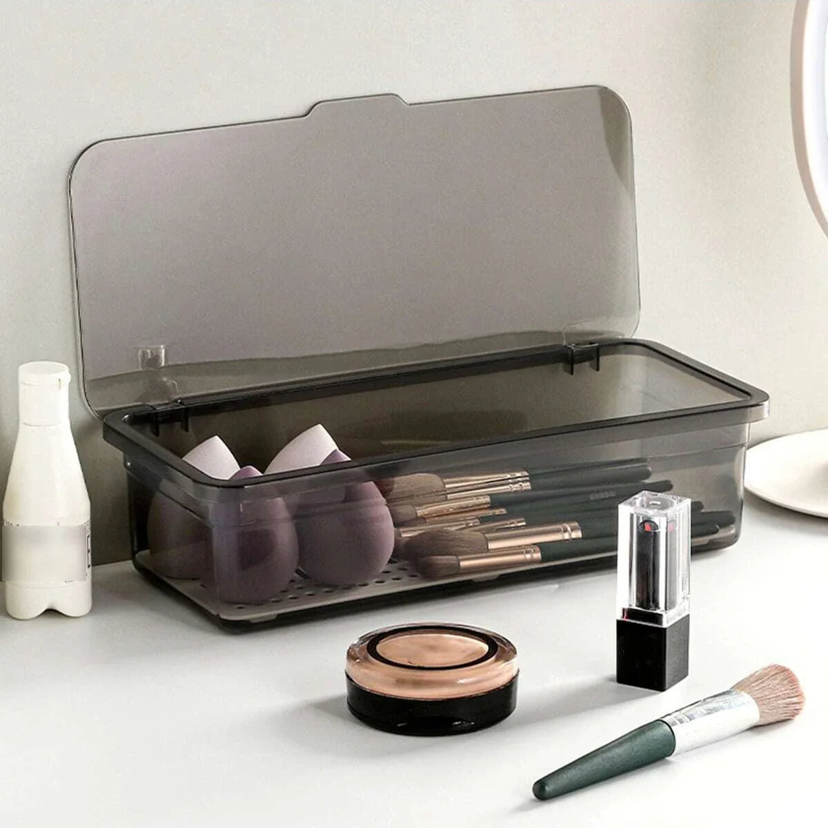 1pc Makeup Brush Storage Box, Dust-proof Transparent Storage Case With Cover  Draining Tray, Beauty Egg Eye Shadow Brush Storage
