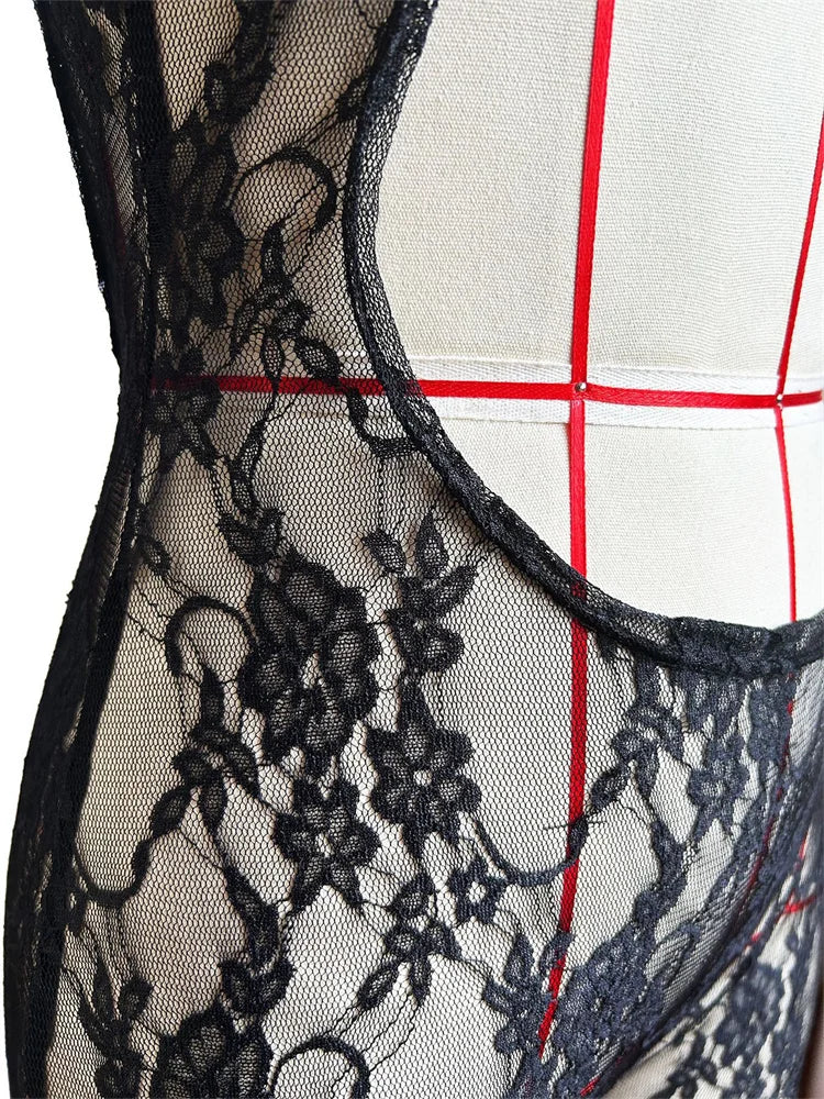 Großhandel Kleidung Lässiger Jumpsuit Damen 2024 Einteiler Strampler Damen Sommer Schwarz Bodycon Spitze Durchsichtiger Strampler Playsuits