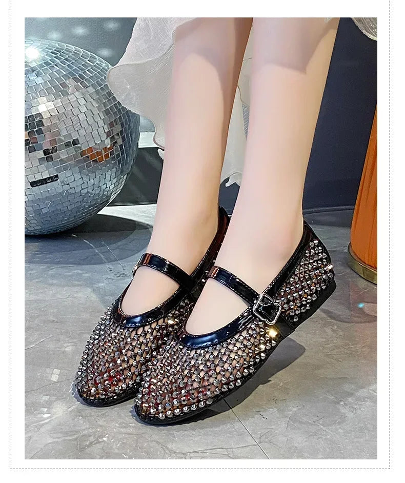 Luxury Crystal Rhinestone Fishnet Ballet Flats Woman Brand Design Rivet Mesh Mary Jane Shoes Ladies Summer Loafers Plus Size 42