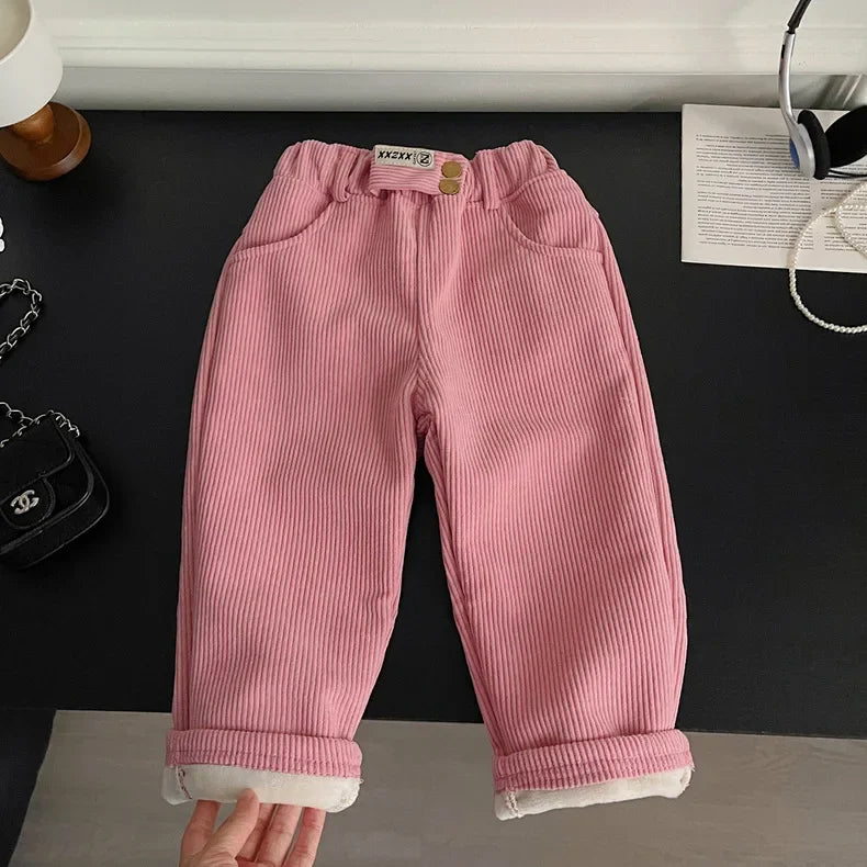 Kids Warm Pants Boy Girls Autumn Winter Corduroy Thick Outer Wear Sports Trousers 1-9Y Children Clothes Casual High Waist Pants