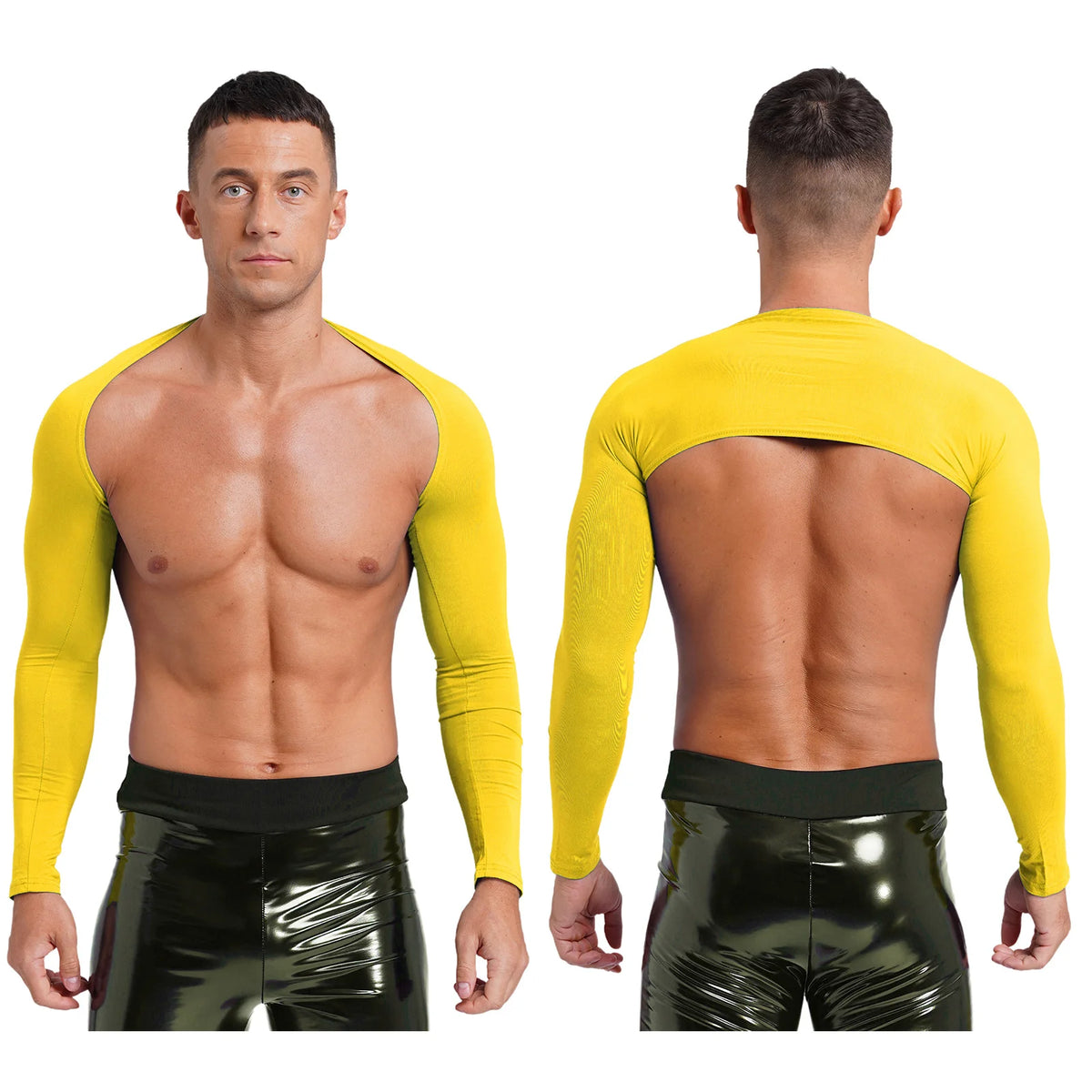 Men Open Front Half Crop Top Solid Long Sleeve Cardigan Bolero Shrug Tops Muscle Arm Sleeves Workout Sports Gym Tops Clubwear