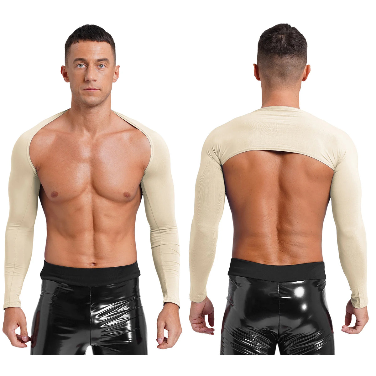 Men Open Front Half Crop Top Solid Long Sleeve Cardigan Bolero Shrug Tops Muscle Arm Sleeves Workout Sports Gym Tops Clubwear