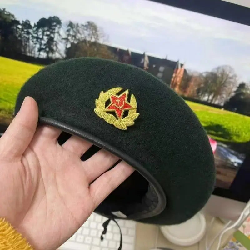 Russian Style Military Wool Beret - Soviet Airborne Hat with Embroidered Patch, Vintage Army Cap for Men Women
