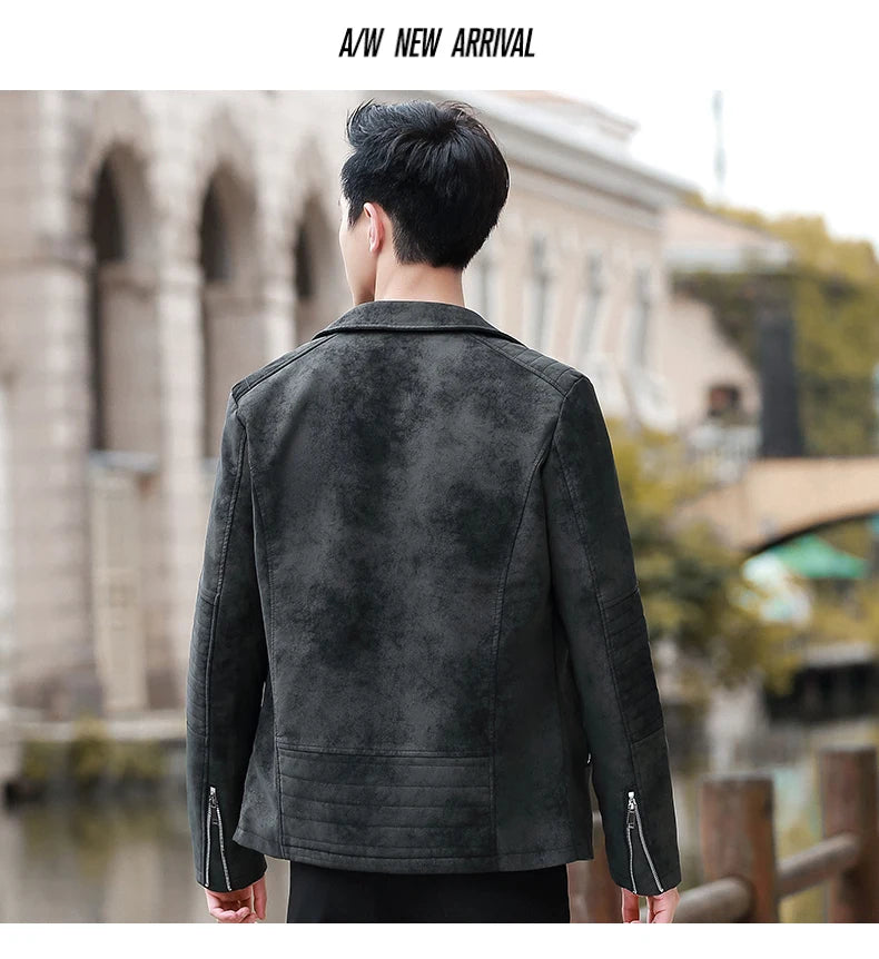 Men's Streetwear Vintage Motorcycle Coat Stand Collar Brown Leather Jacket Motorcycle PU Faux Leather Coat Winter Outwear Mens