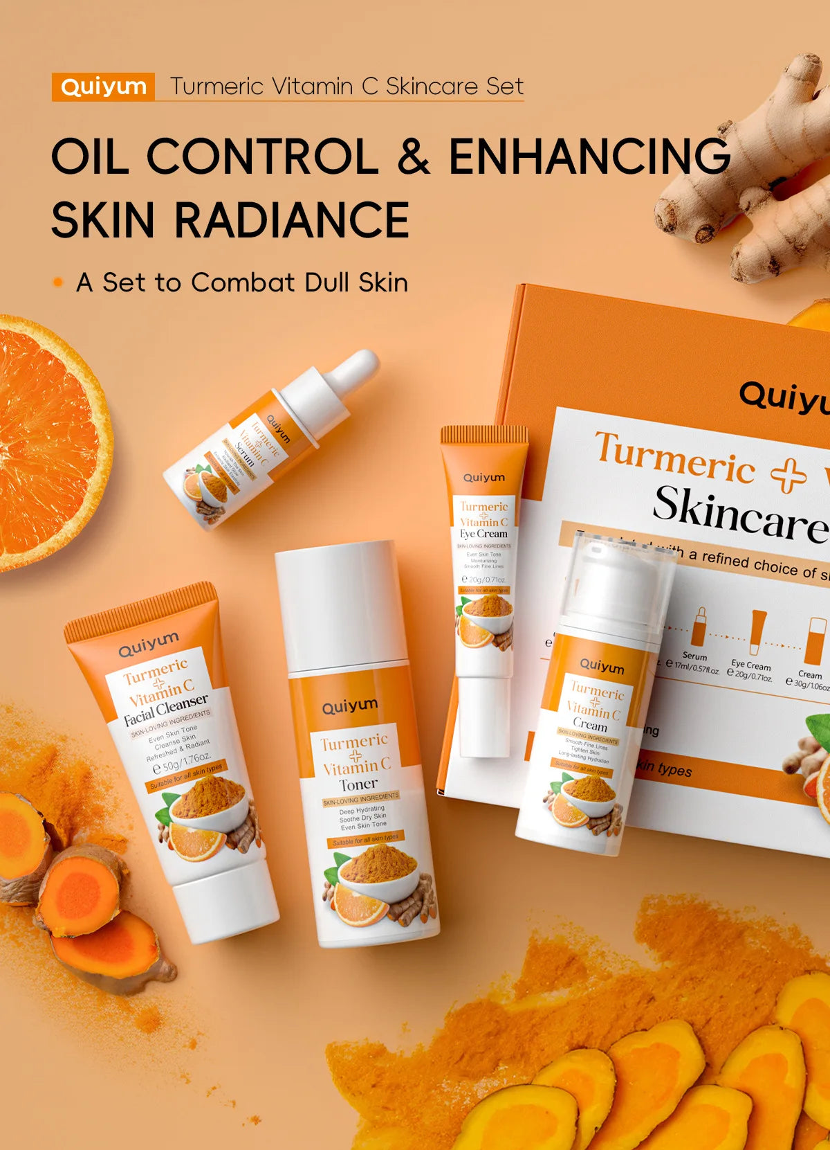Vitamin C Kurkuma Gesichts-Set feuchtigkeitsspendend, straffend, 5-teiliges Set: Gesichtsreiniger, Toner, Essenz, Augenbehandlung, Feuchtigkeitspflege, Hautpflege