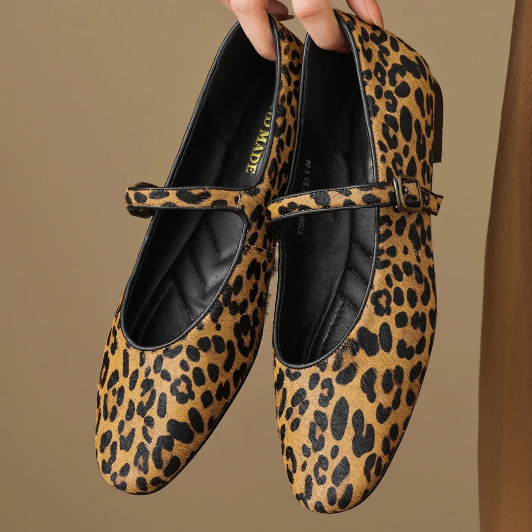 Plus size 34-43 women's leopard horsehair slip-on Mary Jane flats round toe casual female slim daily ballerinas shoes for woman