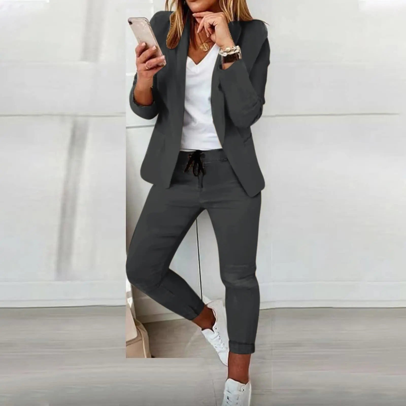 Traje de oficina formal de dos piezas para mujer 2026, conjunto de blazer y pantalón ajustado con bolsillo, solapa, conjuntos de oficina para mujer, chándal de 2 piezas