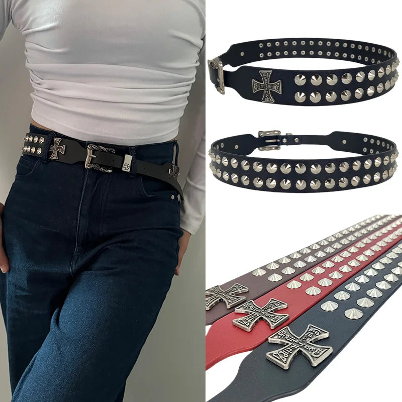 Unisex Cross Jeans Belt FeMale Gothic Accessory Punk Y2k Designer Belts For Women Hip hop Plus Size Rivet Black Men's Belt male