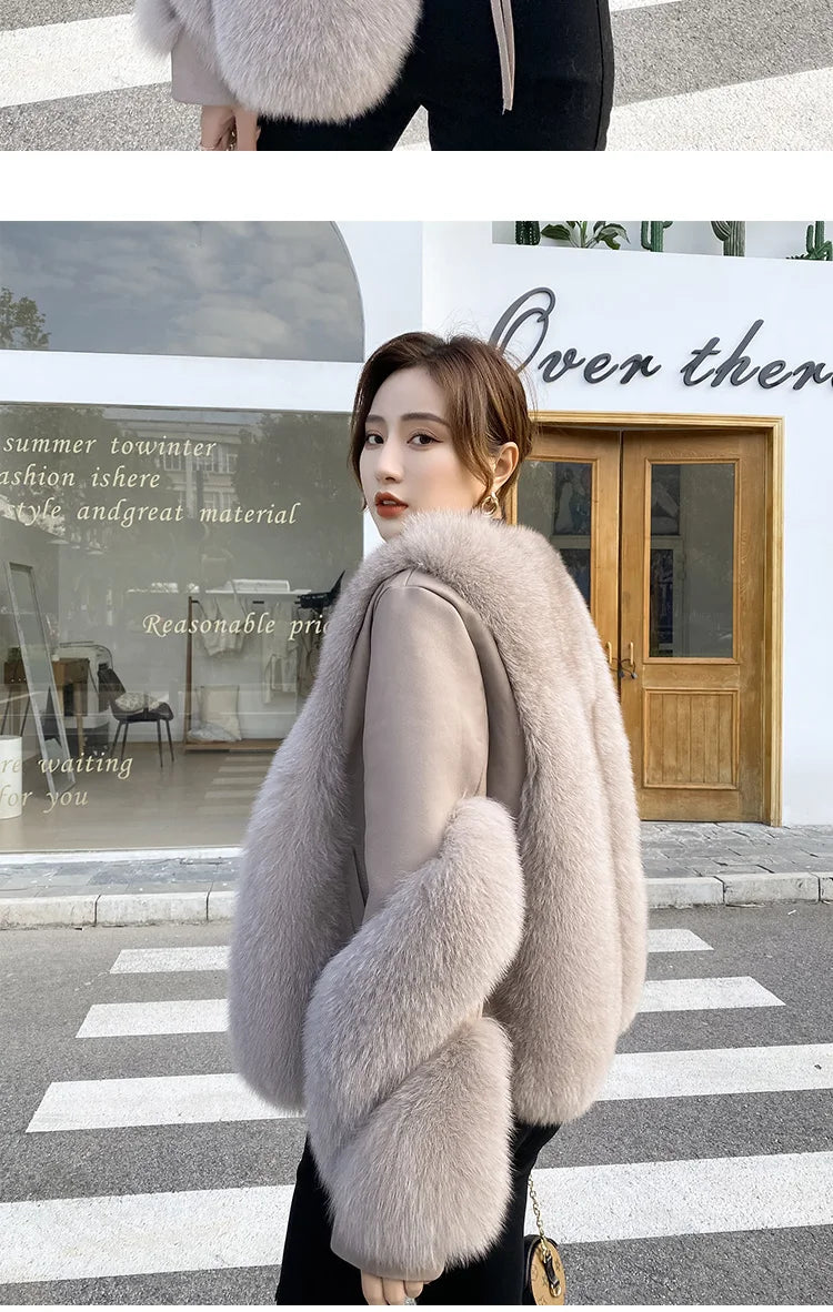 OFTBUY 2022 Real Fur Coat Winter Jacket Women Natural Fox Fur Genuine Leather Outerwear  Streetwear Locomotive Thick Warm New