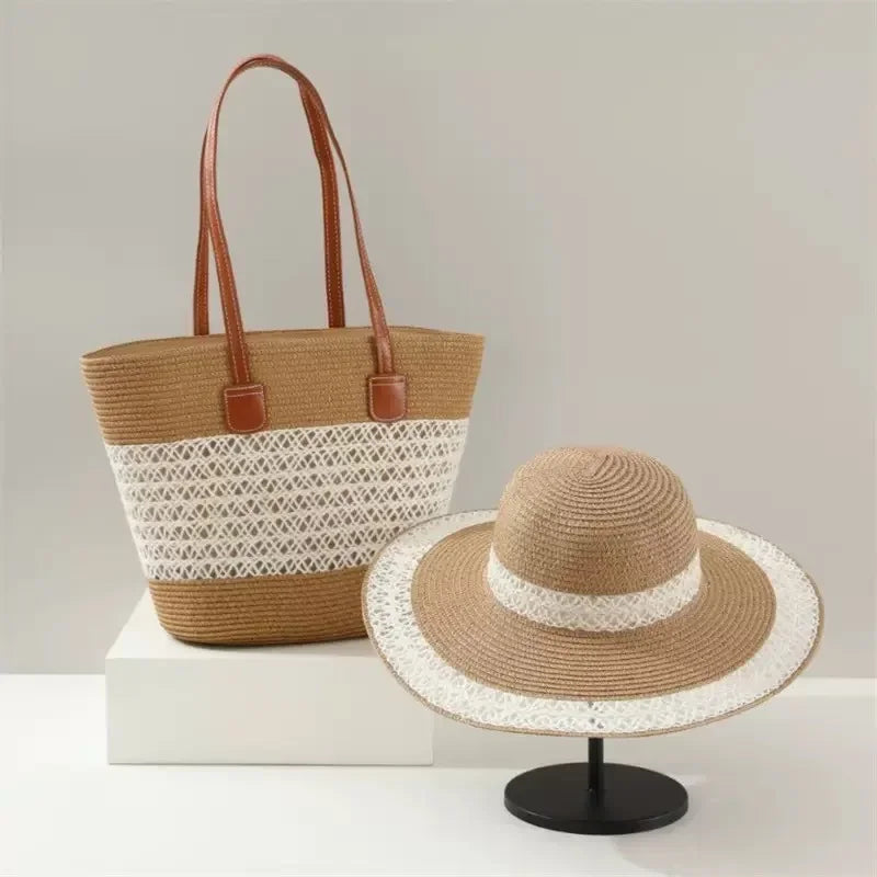 Large Capacity Straw Woven Bag And Hat Set for Outdoor Travel Face Slimming Wide Brim Sunshade Tote Bag Trendy Bucket Handbag