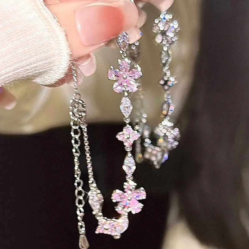 Y2K Sweet Pink Crystal Bracelet for Women Bling Zircon Elegent Blossom Flowers Bracelet Wedding Party Jewelry Gifts
