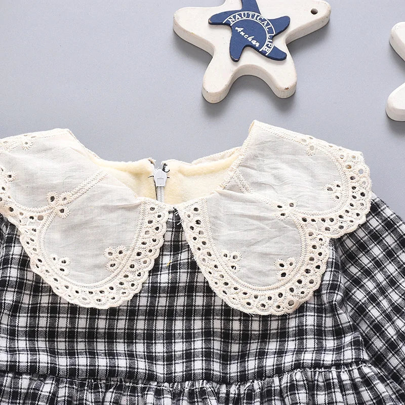 New Black Checkered Long Sleeved Baby Girl Dress For Autumn And Winter, White Baby Collar Children'S Clothing For 6-24 Months