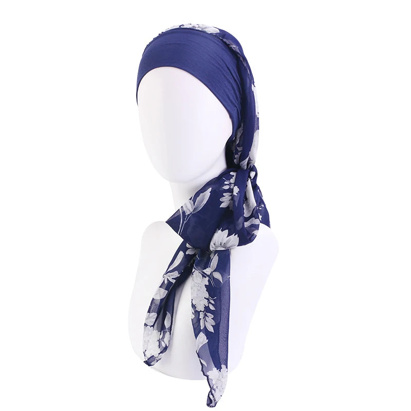 New Muslim Women Hijab Head Wrap Pre-Tied Headwear Cancer Chemo Flower Printed Elastic Turban Cover Hair Loss Head Scarf Bandana
