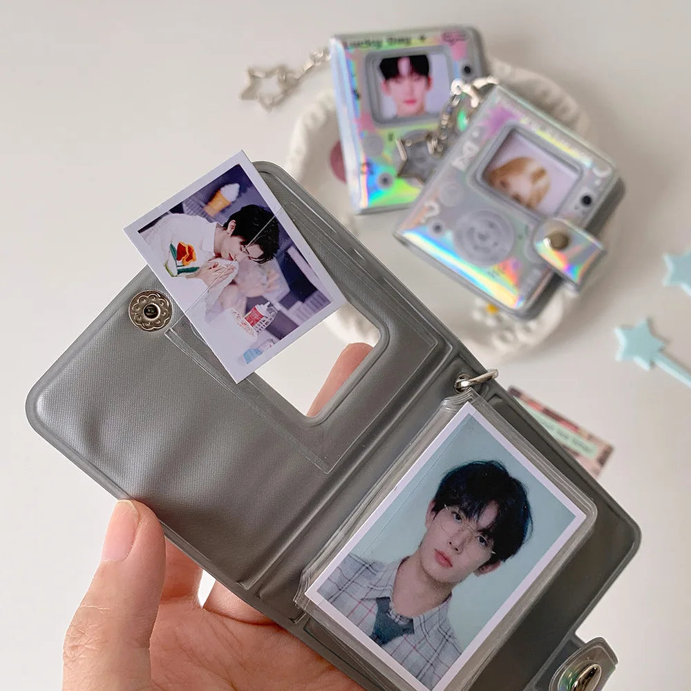 32 Pockets 16 Pages Laser Color Photo Album for 1.4x2.1 Inch Mini Photo Name Card K-pop Star Photocard Album with Keychain
