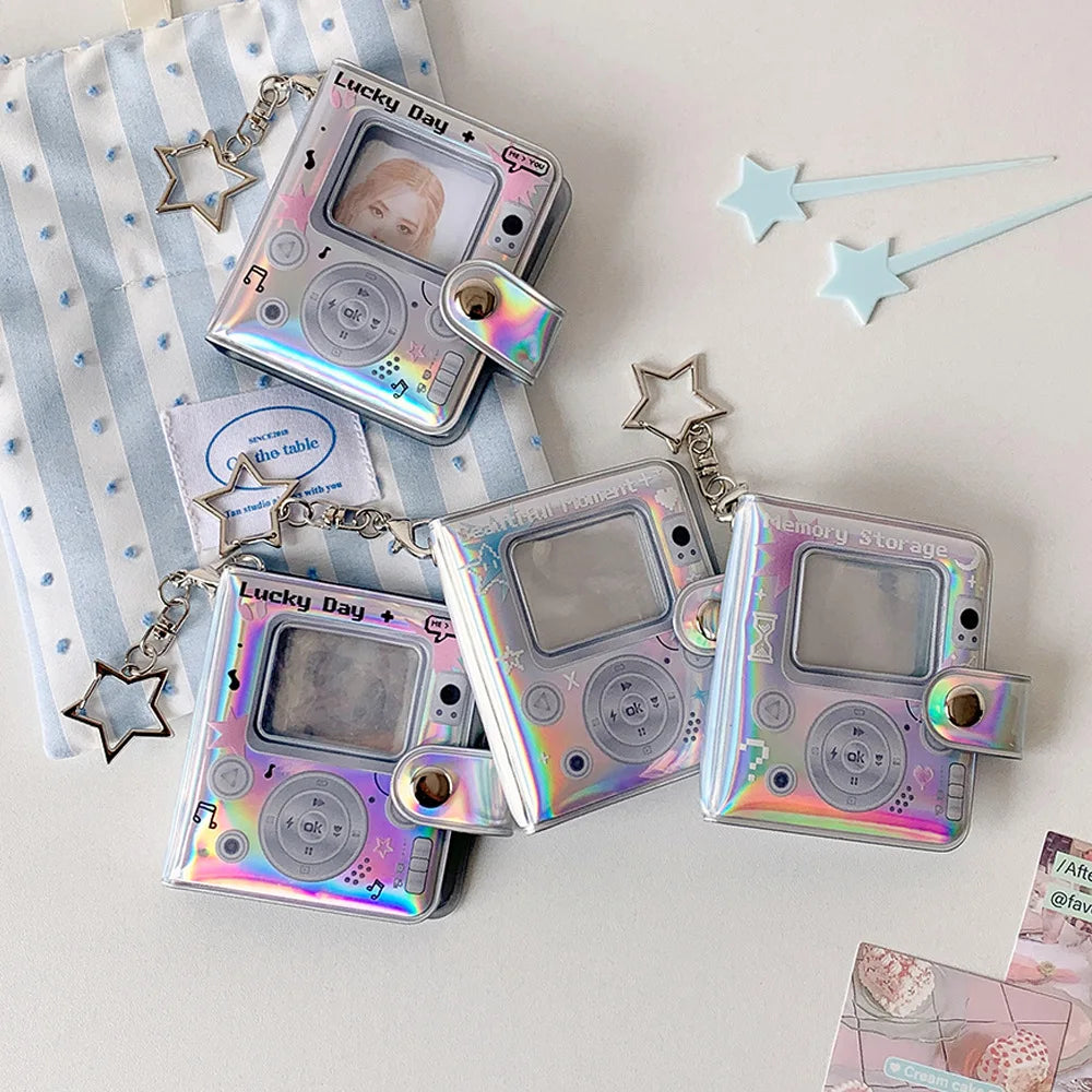 32 Pockets 16 Pages Laser Color Photo Album for 1.4x2.1 Inch Mini Photo Name Card K-pop Star Photocard Album with Keychain