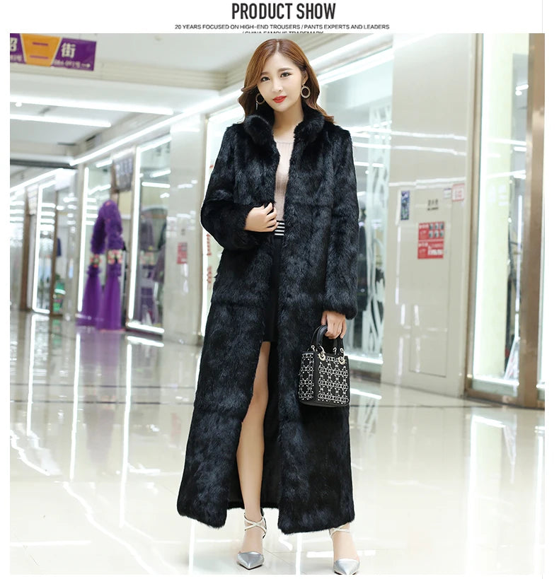 New Real genuine natural rabbit fur coat stand collar X-long fashion fur jacket outwear custom any size