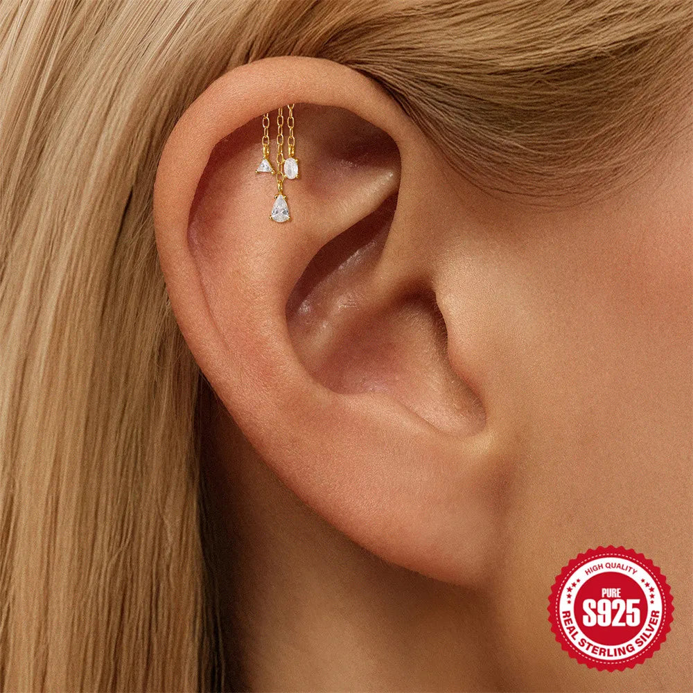 CANNER 1PC Tassel Chain Star Moon 925 Sterling Silver Flat Head Piercing Earring For Woman Ins 14K Gold Plated Dainty Jewelry