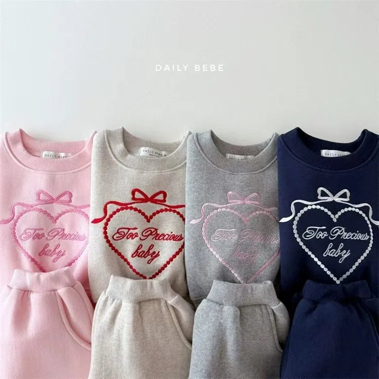 2026 Spring New Children Long Sleeve Clothes Set Baby Girls Heart Embroidery Sweatshirt + Pants 2pcs Suit Kids Sports Outfits