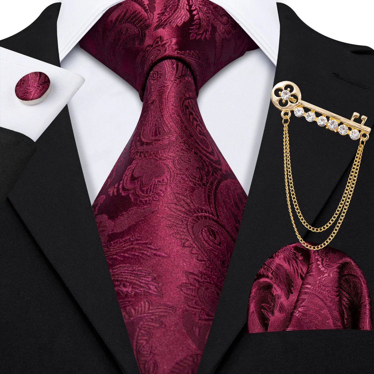 Burgundy Mens Tie Hanky Cufflinks Brooch Set Jacquard Red Wine Maroon Necktie Collar Pin For Male Wedding Events