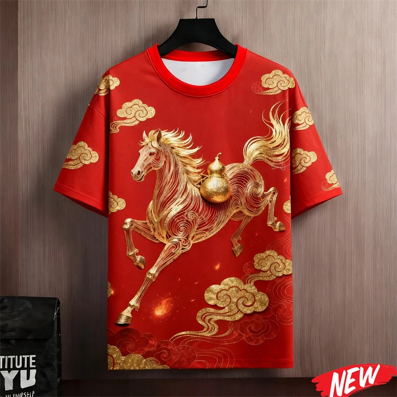 Red Color 2026 New Year T-Shirt Men Clothes Horse Graphic Happy New Year T Shirt Tops Festive Crew Neck Short Sleeve Tee Shirts
