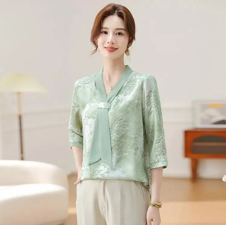 Fashion Printed Spring and Autumn shawl collar Women's Fashion Floral Checked Mid Sleeved Loose Chiffon Tops