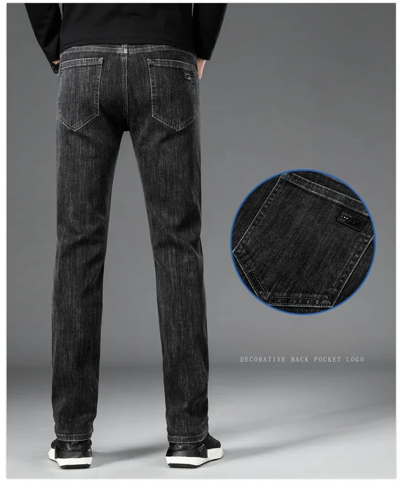 2025 New Autumn Men's Stretch Slim Jeans Straight Leg Casual Denim Trousers Male Business High Quality Classic Blue Gray Black