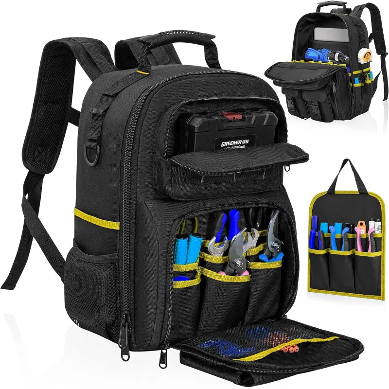 ‌Multifunctional Waterproof Tool Backpack with Padded Shoulder Straps Removable Organizer Pouch Electrician Plumber Work Bag