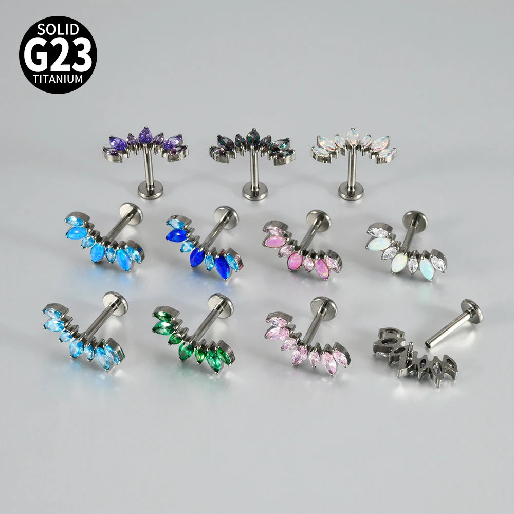 1PC G23 Titanium 7 Marquis Zircon Labret Lip Ring Internal Thread Opal Ear Cartilage Tragus Helix Daith Body Jewelry