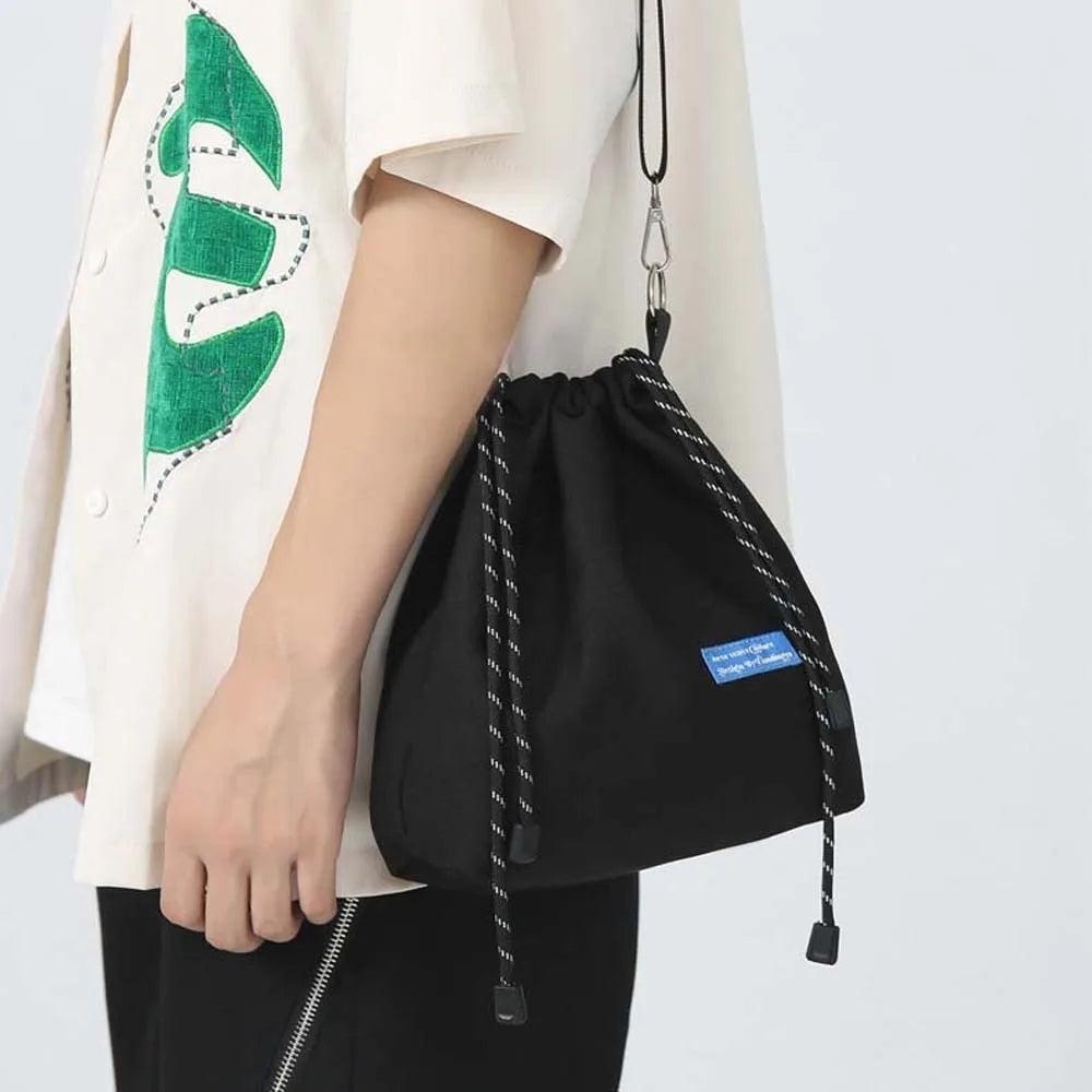 INS Nylon Drawstring Bucket Bag Casual Adjustable Korean Style Shoulder Bag Portable Black/White/Yellow Men Crossbody Bag Travel
