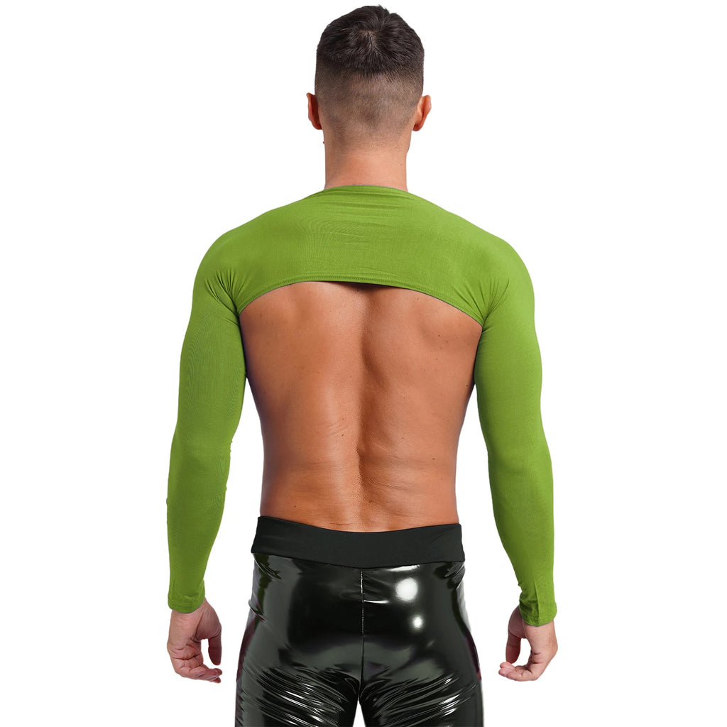 Men Open Front Half Crop Top Solid Long Sleeve Cardigan Bolero Shrug Tops Muscle Arm Sleeves Workout Sports Gym Tops Clubwear