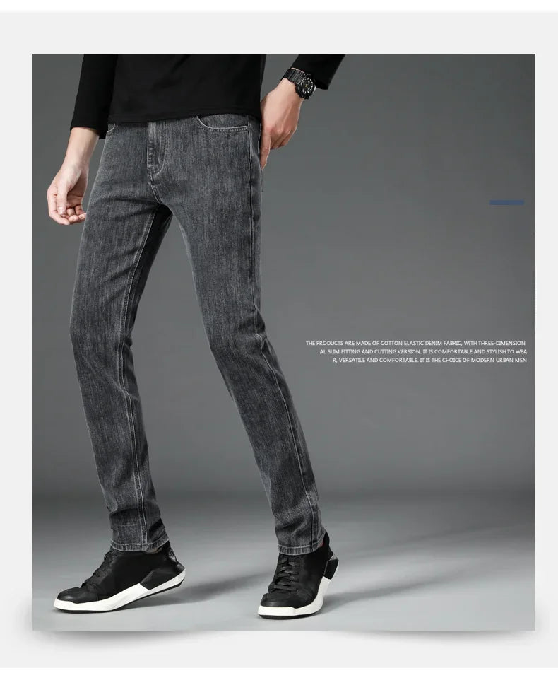 2025 New Autumn Men's Stretch Slim Jeans Straight Leg Casual Denim Trousers Male Business High Quality Classic Blue Gray Black