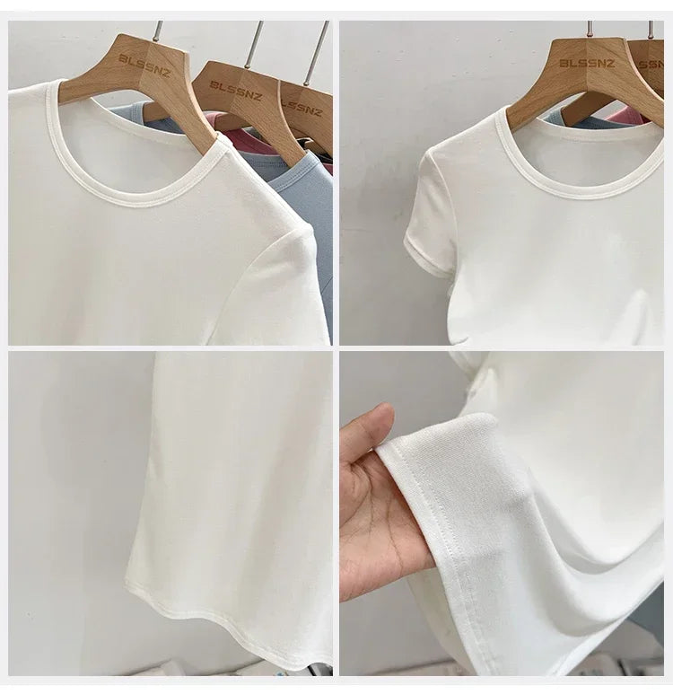 AOSSVIAO 2026 Summer White Cotton O Neck T-shirt Student Short Sleeve Versatile Tops Solid Slim Fit T Shirts Y2k Tee
