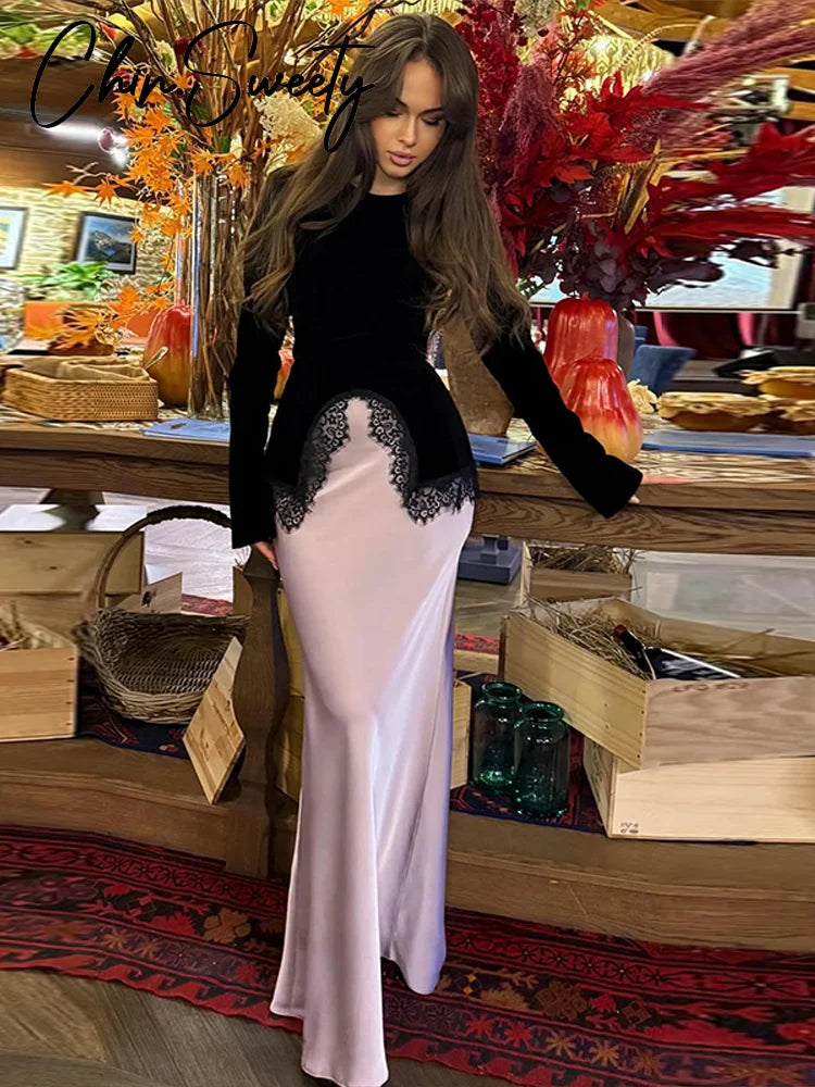 Elegant Lace Velvet Patchwork Women Top Flare Long Sleeve O-neck Split Female Blouse 2026 Spring Summer Lady Clothes New