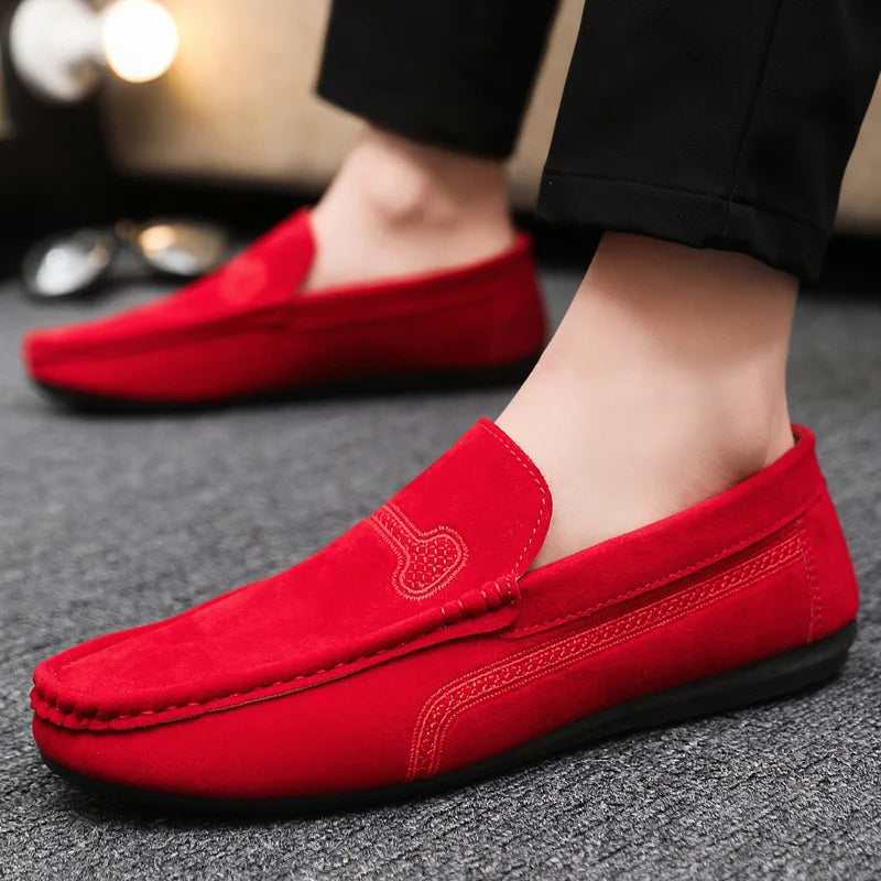 Spring Summer Blue Suede Loafers Men Slip On Soft Moccasins Breathable Flats Driving Shoes Men Leather Casual Shoes Handmade