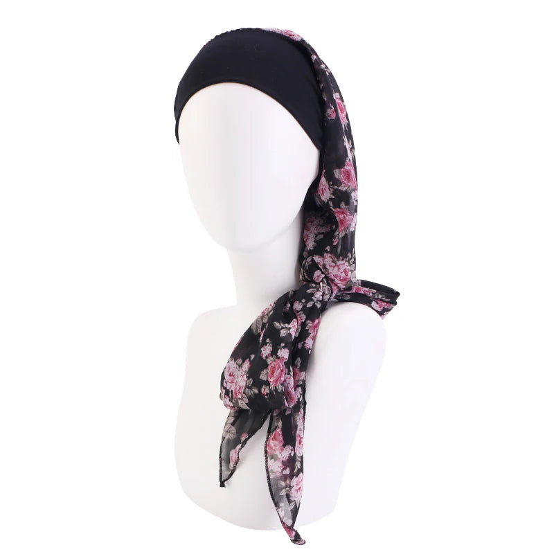New Muslim Women Hijab Head Wrap Pre-Tied Headwear Cancer Chemo Flower Printed Elastic Turban Cover Hair Loss Head Scarf Bandana