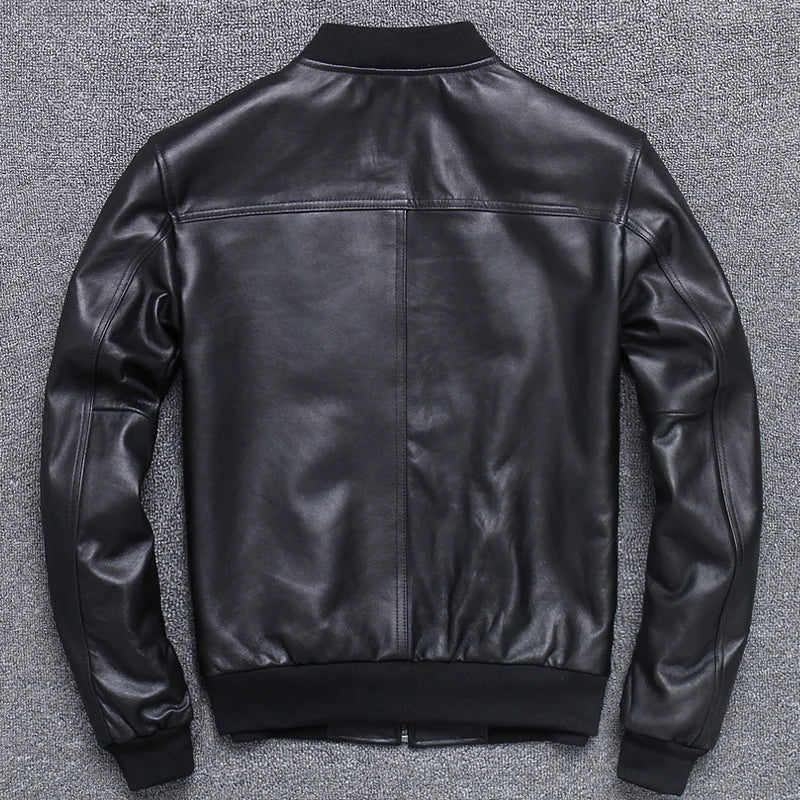 Leder Bomberjacke Herren Fliegerjacke Schwarzes echtes Leder Schaffell Kurz Slim Business Jacke Leder