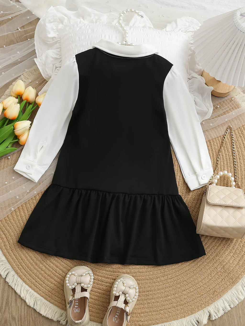 Autumn And Winter Girls' School Style Dress Black And White Contrasting Color Shirt Collar Three-Dimensional Bow Party Dress