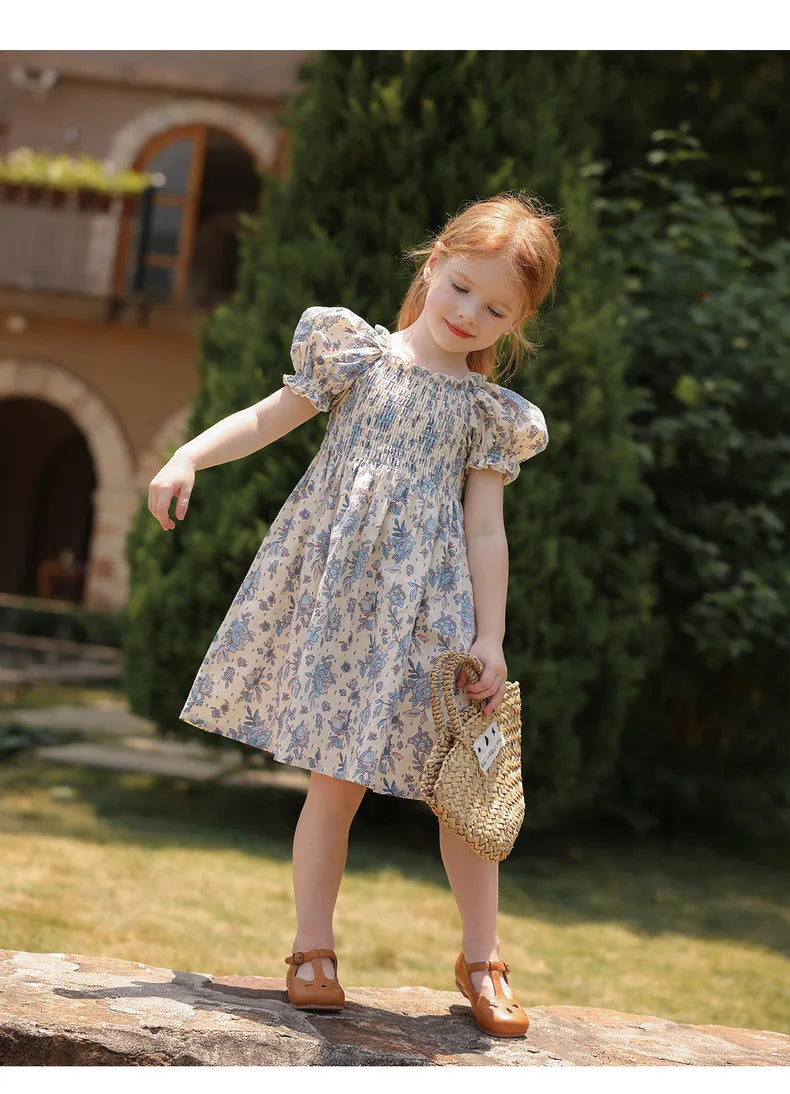 Toddler Girls Floral Princess Dress Little Girl Cotton Short Sleeve Blue Flowers Party Dress Summer Casual Dresses Kids Clothes