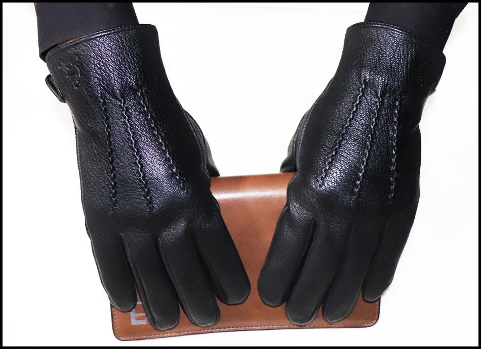 Men's and Women's High-end Buckskin Goat Leather Gloves Autumn and Winter Thin Warm Knitted Wool Lining Driving Leather Gloves