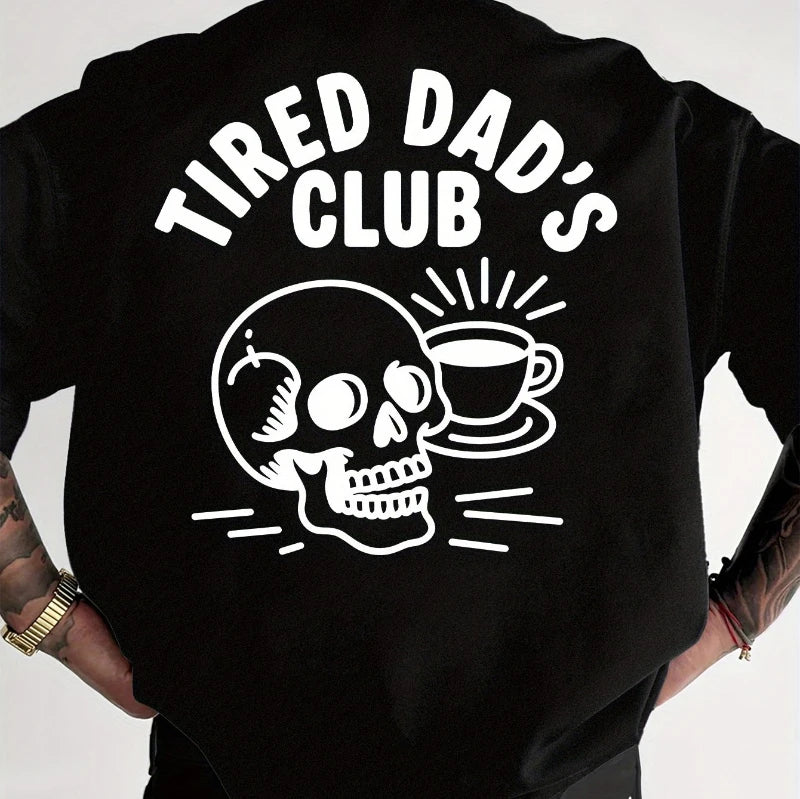 Herren Fun Muster T-Shirt - "Exhausted Dad Club" Rückenprint Kaffeetasse Totenkopf Design - Weißes Baumwoll Kurzarmshirt