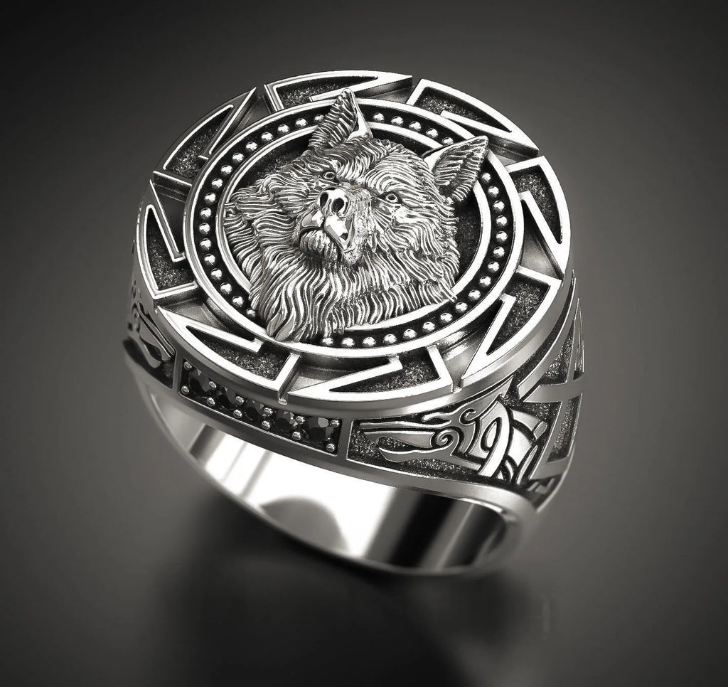 Retro Wolf Totem Nordische Mythologie Wikinger-Krieger-Wolfskopf-Herrenring Geometrisches Design Anpassbare Größen