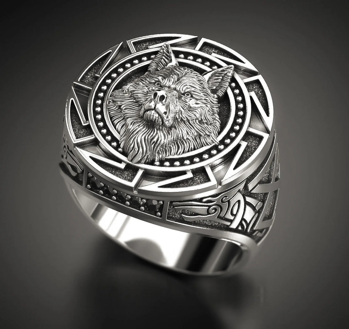 Retro Wolf Totem Nordische Mythologie Wikinger-Krieger-Wolfskopf-Herrenring Geometrisches Design Anpassbare Größen